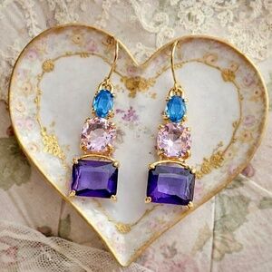 Gold Purple Blue-Pink Zirconia Drop Romantic Statement Dangle Earring